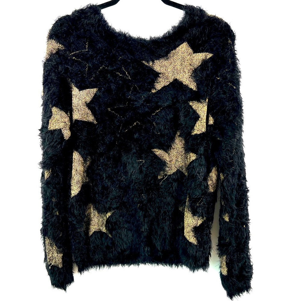 Haute Rogue Fuzzy Gold Star Sweater Size: Medium, Color: Black
